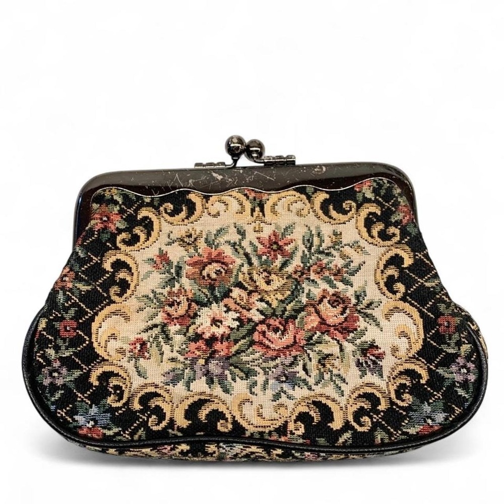 Floral Tapestry Kiss‎ Lock Coin Purse Gold Scrollwork Clasp Vintage Style